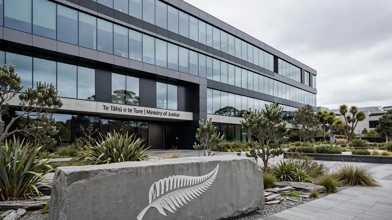 Modern New Zealand regulatory building with silver fern detail