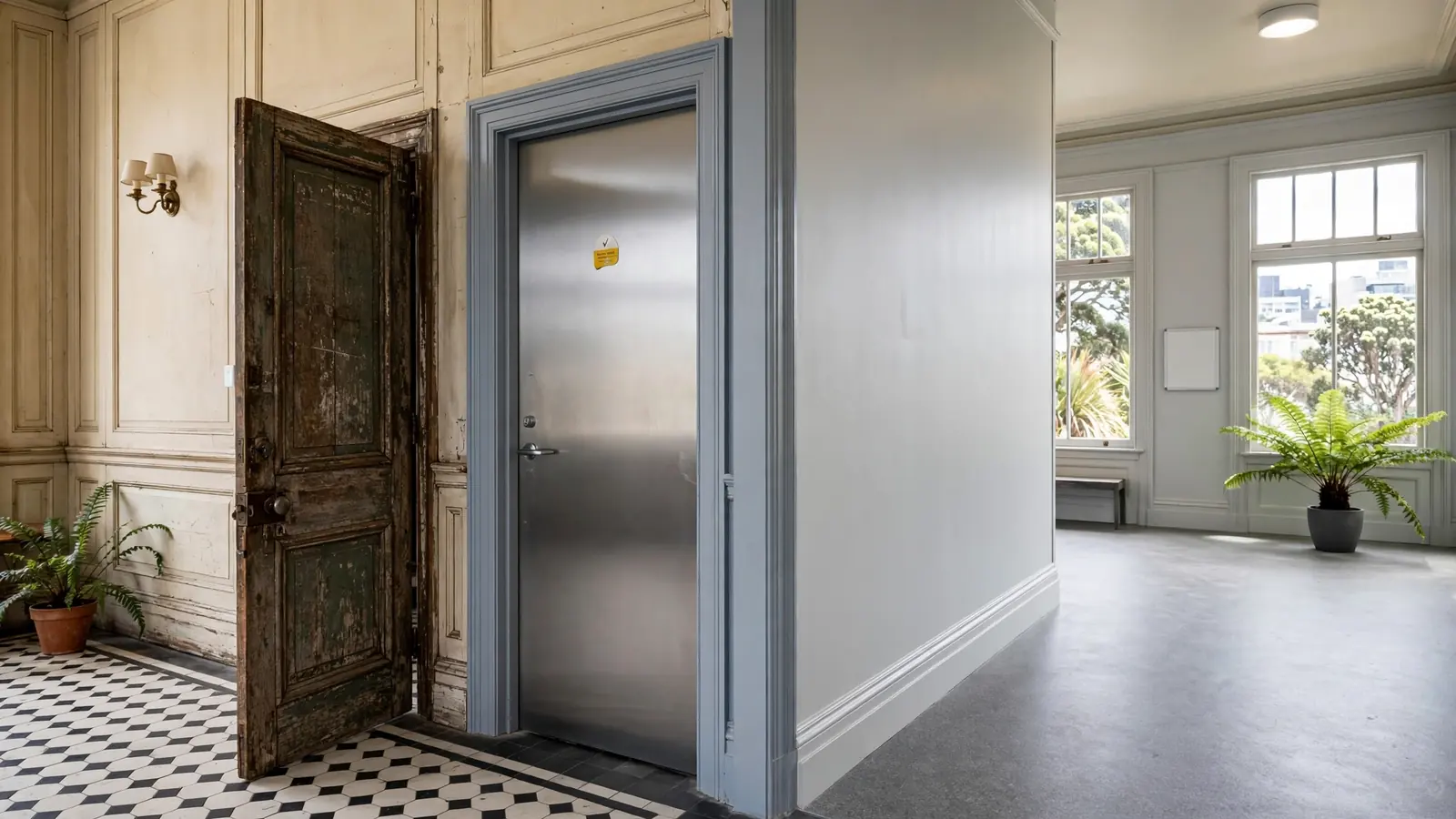 Old and new doorway side by side representing transition