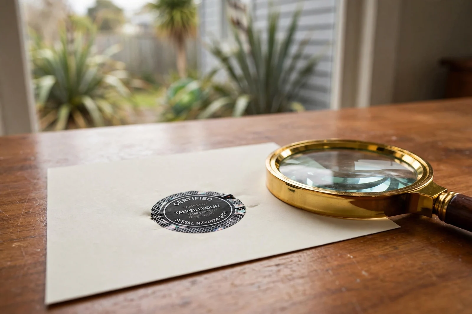 Certification seal and magnifying glass on a desk