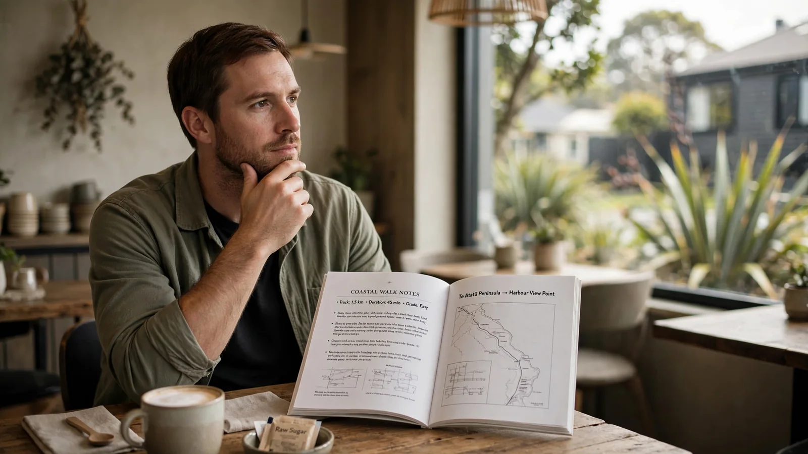 Person reading game rules attentively in a quiet café