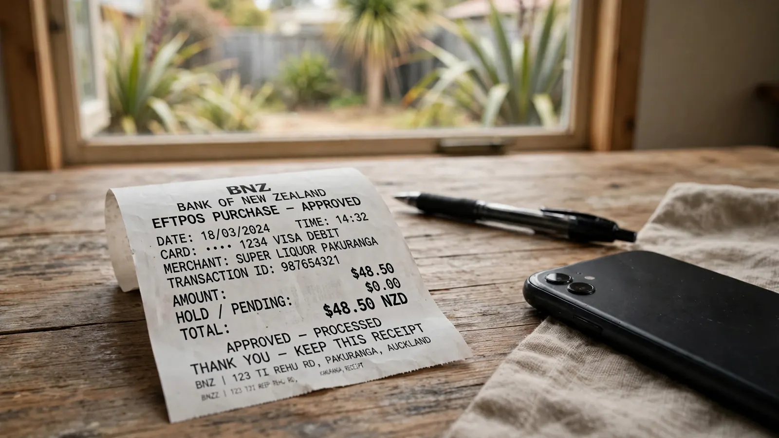 Paper bank receipt and pen on a kitchen table